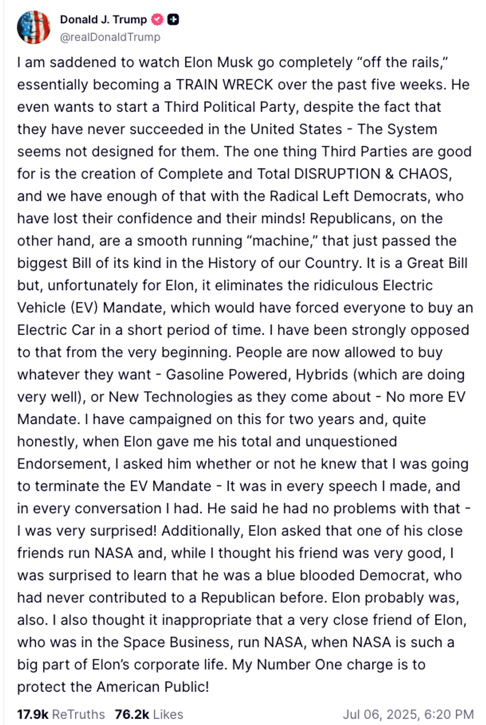 Screenshot of Donald Trump's post