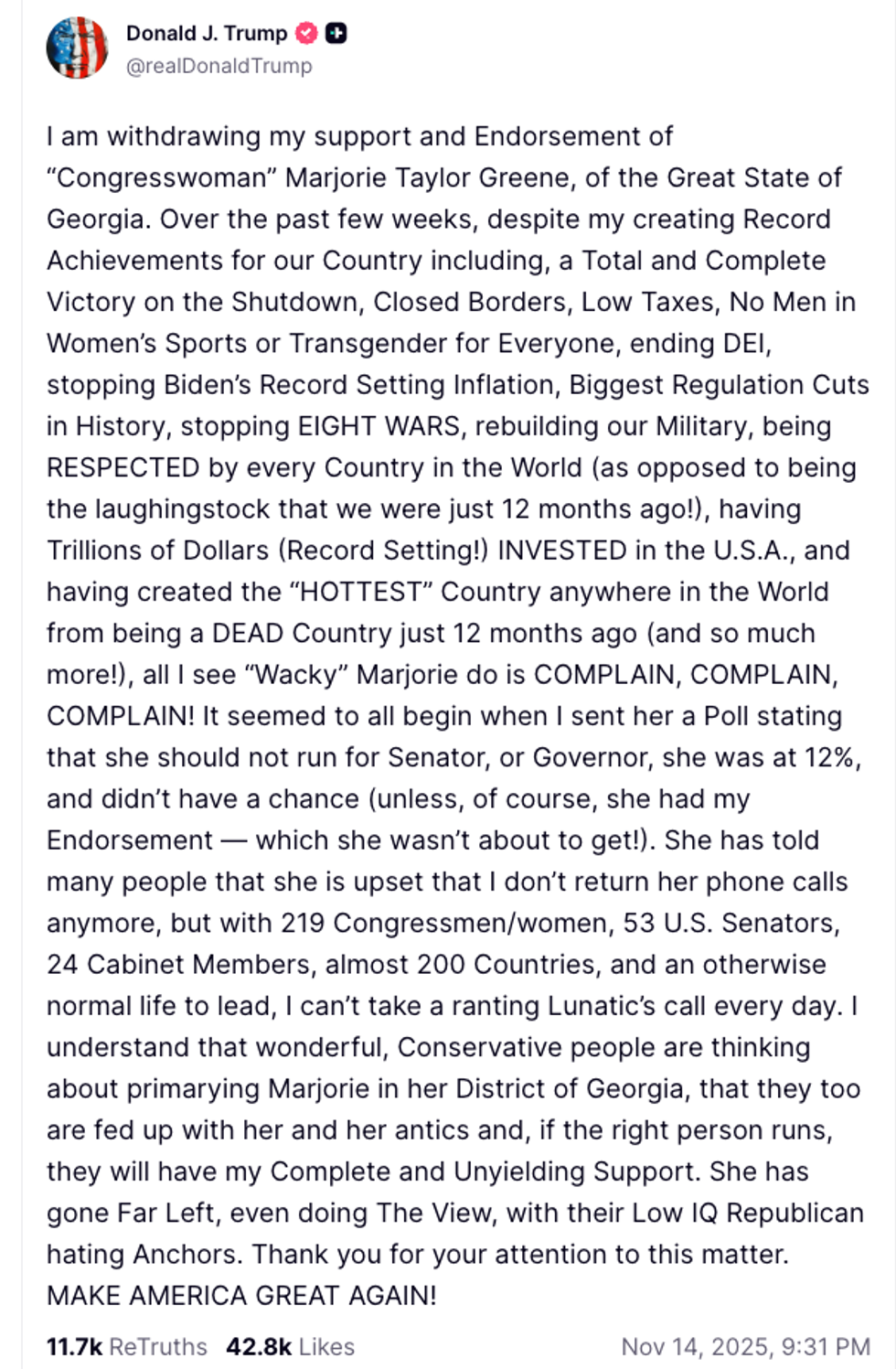 Screenshot of Donald Trump's post