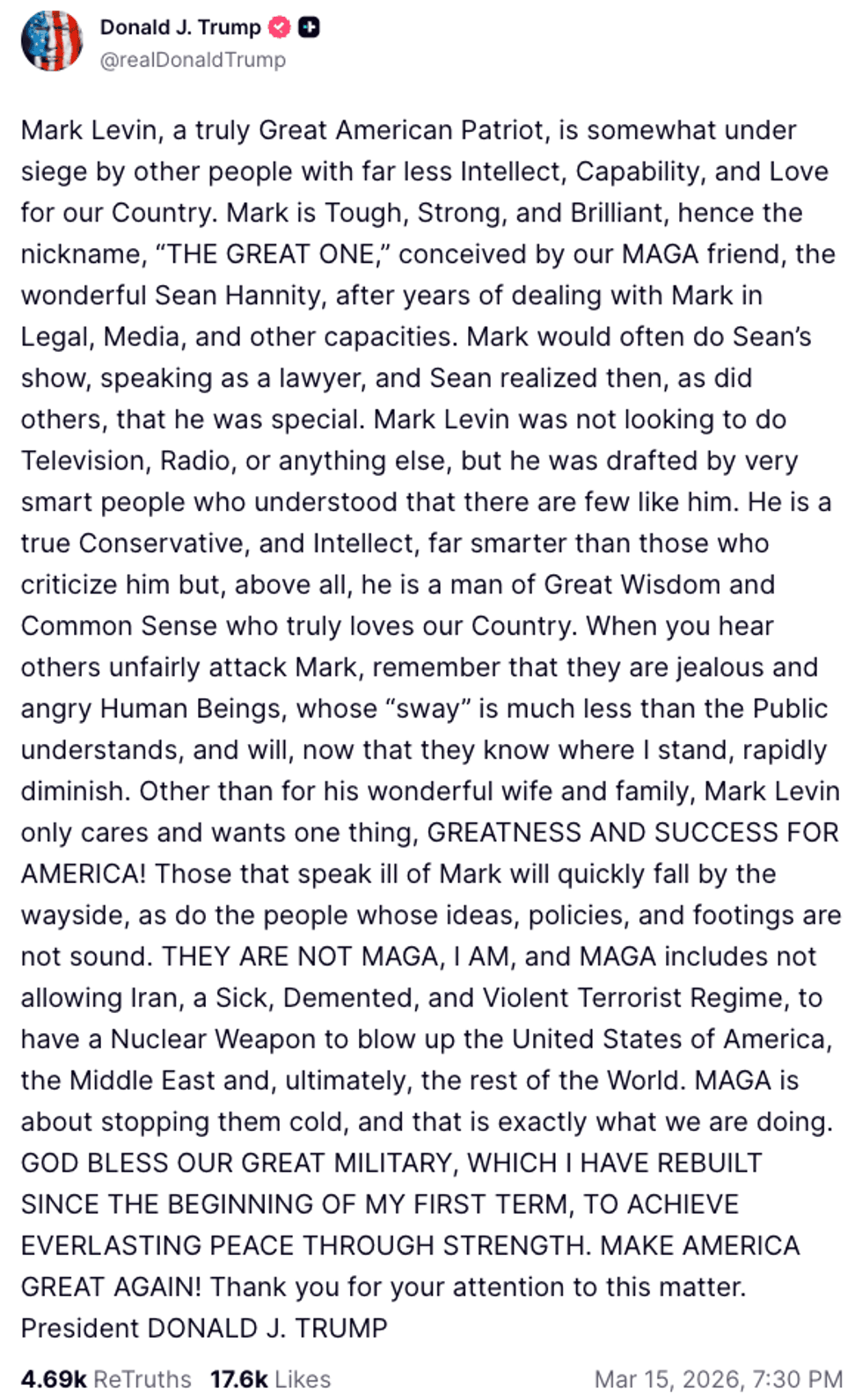 Screenshot of Donald Trump's post