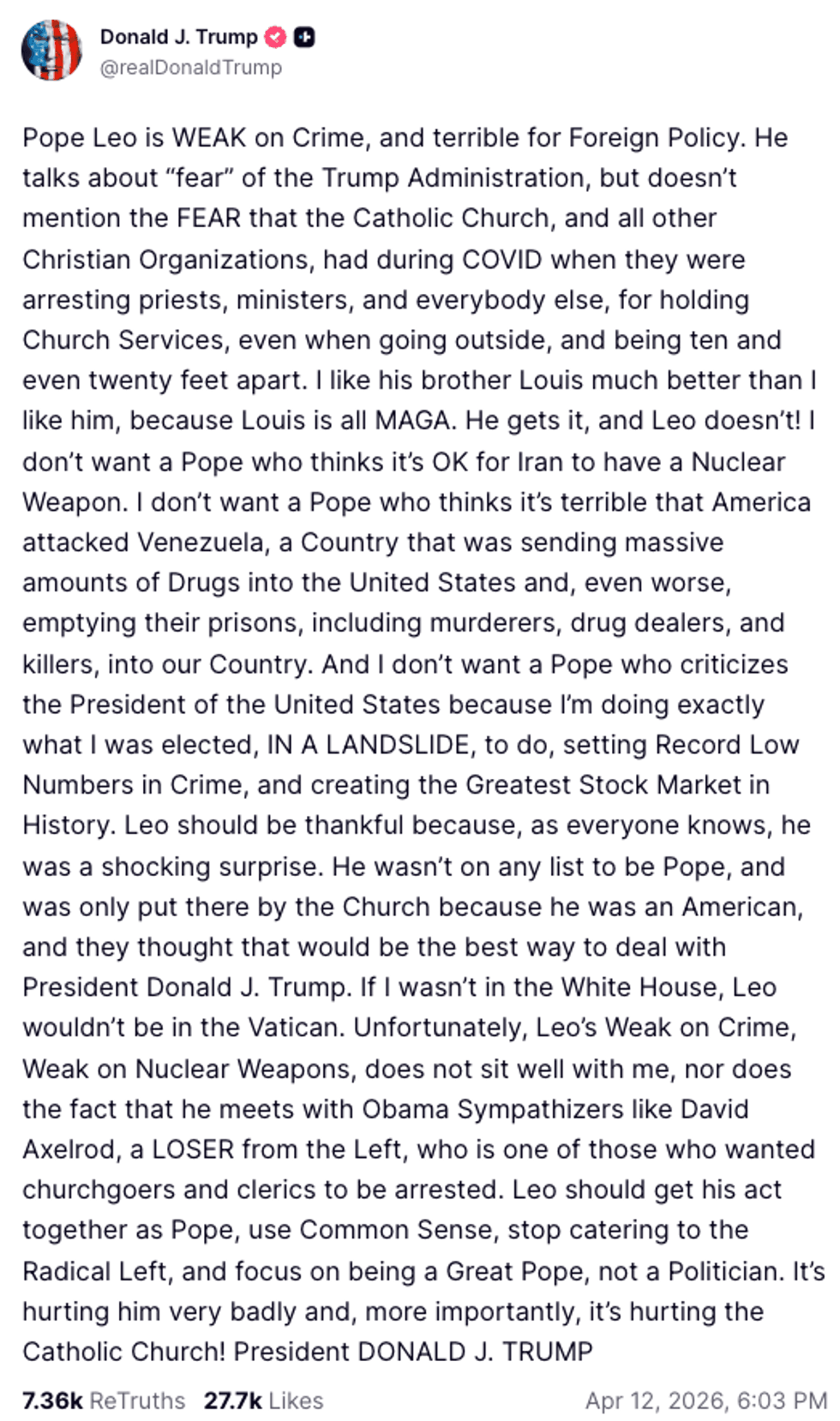 Screenshot of Donald Trump's post