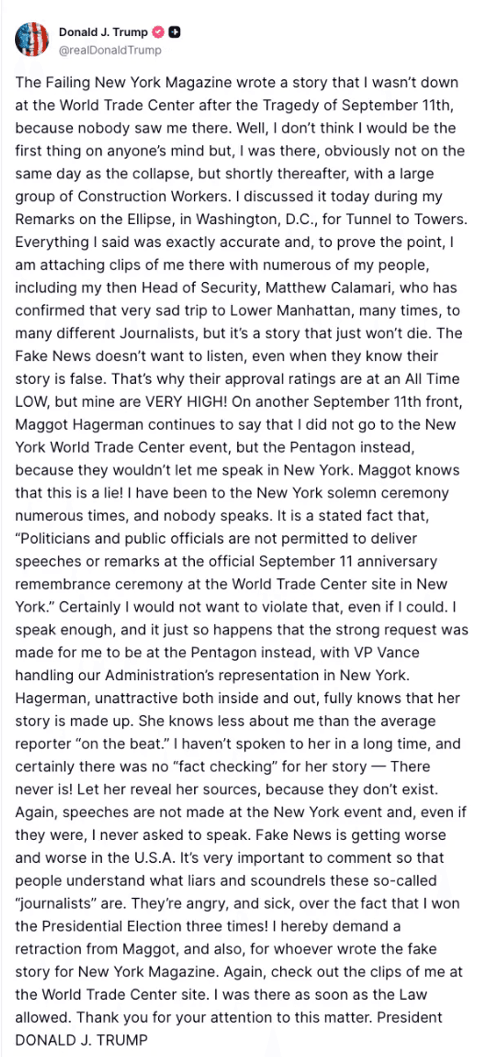 Screenshot of Donald Trump's post