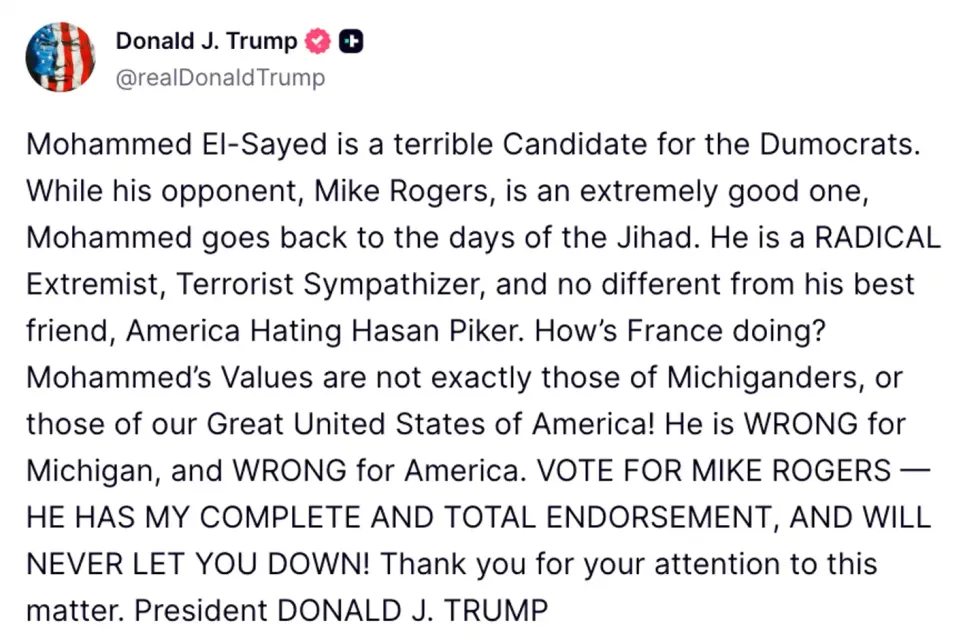 Screenshot of Donald Trump's post