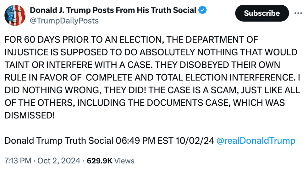 Screenshot of Donald Trump's remarks on Truth Social