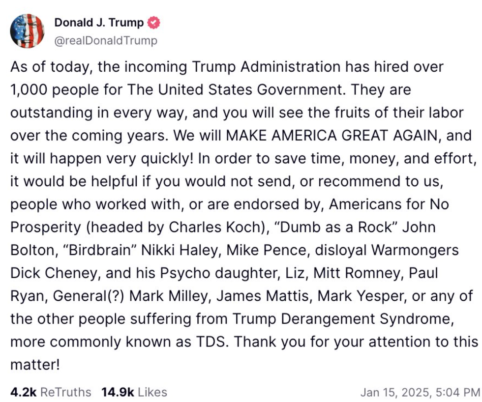 Screenshot of Donald Trump's Truth Social post