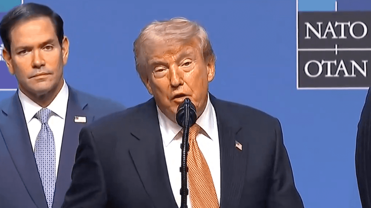 Screenshot of Donald Trump speaking next to Marco Rubio at NATO summit