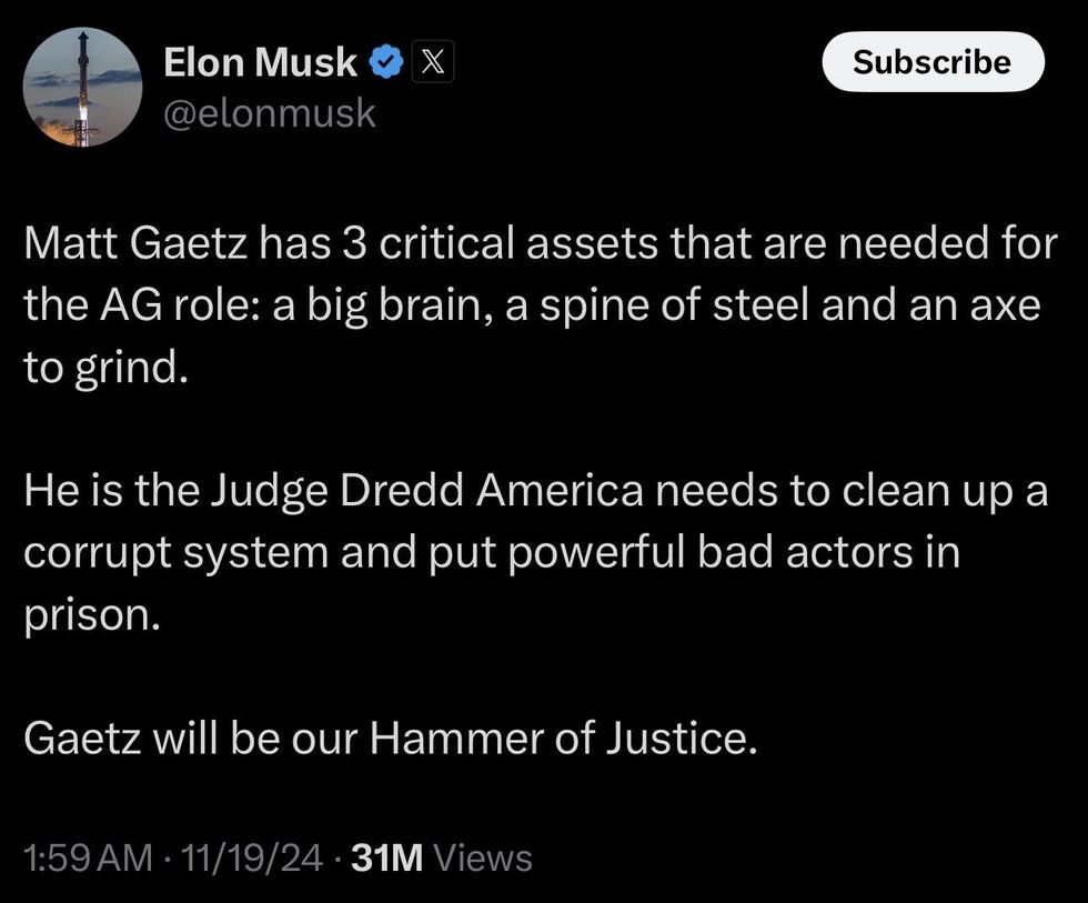 Screenshot of Elon Musk's post