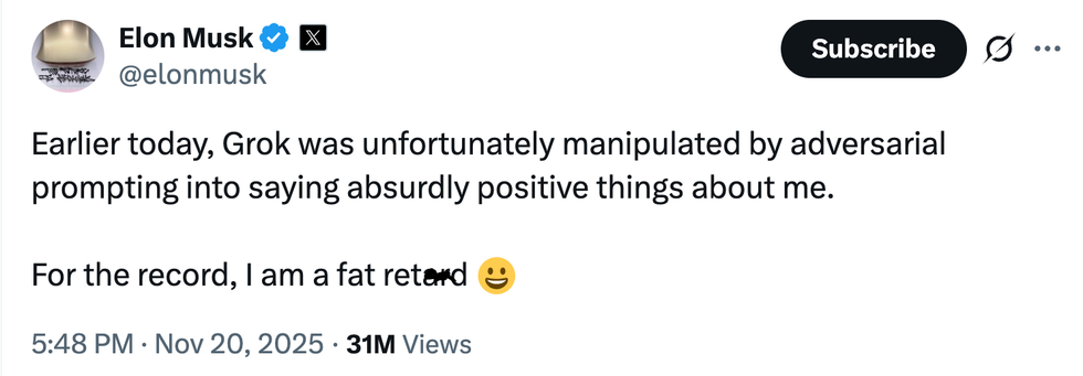 Screenshot of Elon Musk's post