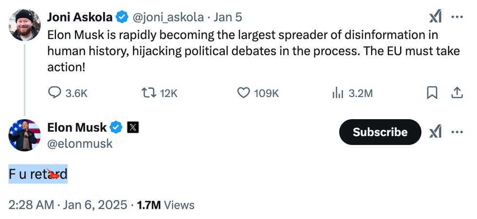 Screenshot of Elon Musk's response to Joni Askola