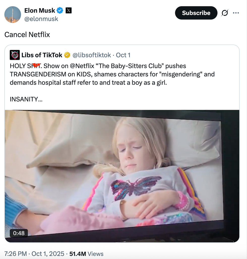 Screenshot of Elon Musk's share of Libs of TikTok's post
