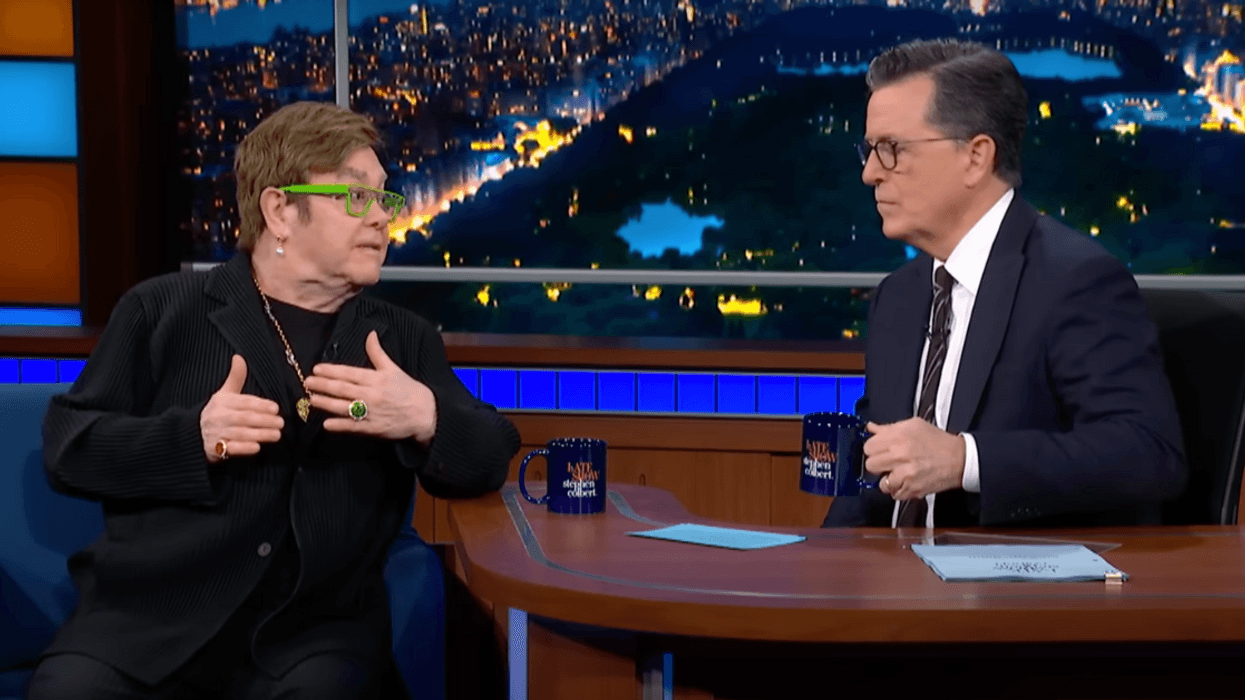 Screenshot of Elton John and Stephen Colbert