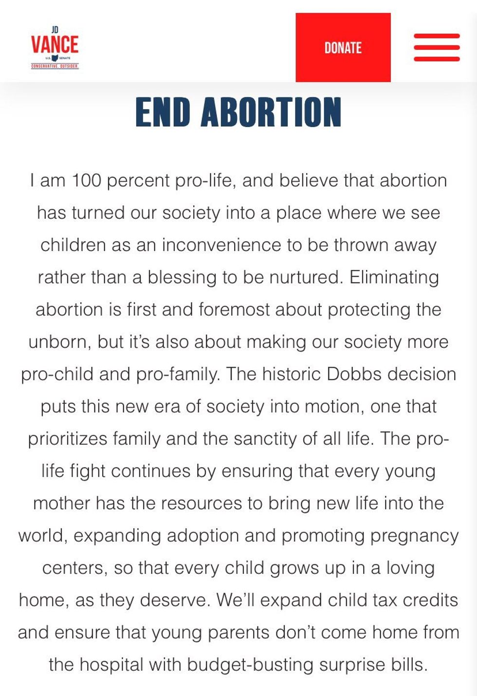 Screenshot of "End Abortion" page on J.D. Vance's wbesite