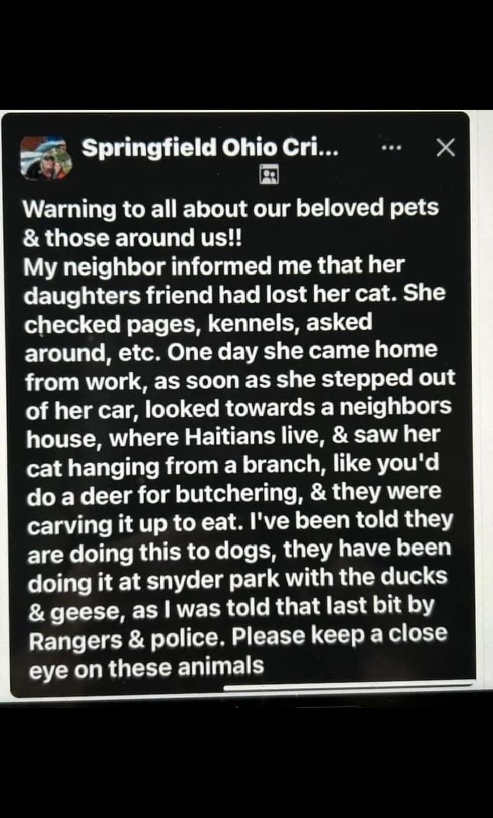 Screenshot of Erika Lee's post in Springfield, Ohio, neighborhood group