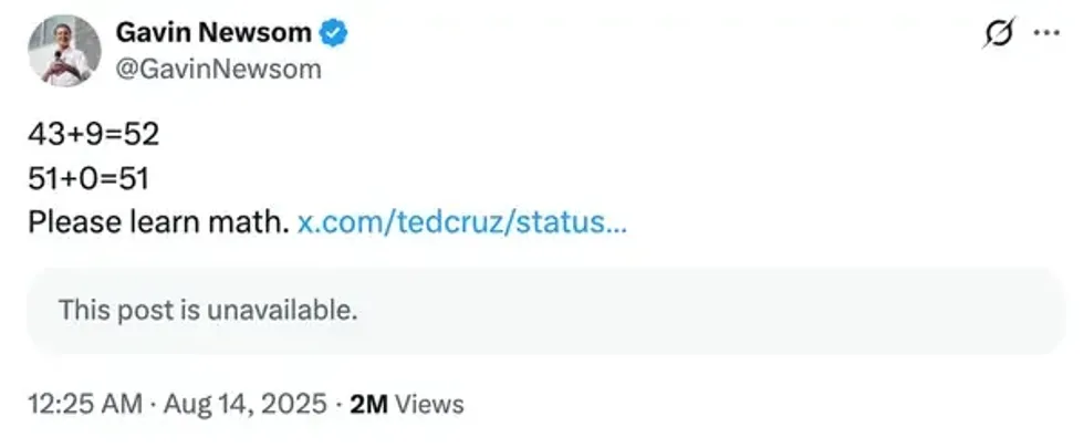 Screenshot of Gavin Newsom's post