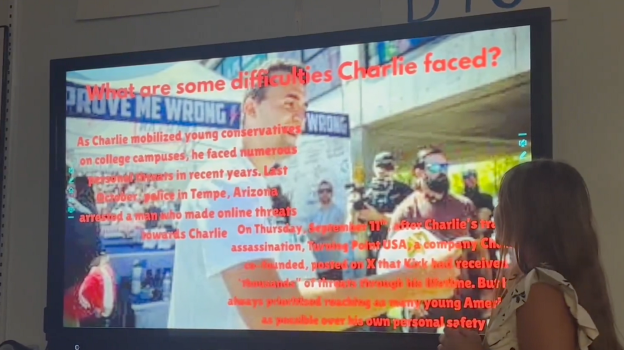 Screenshot of girl giving school presentation about Charlie Kirk