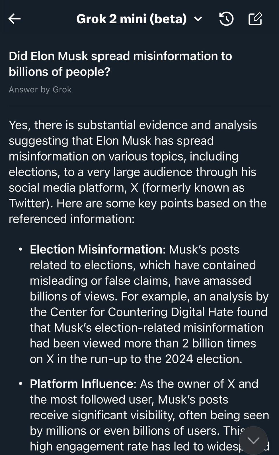 Screenshot of Grok 2's findings on Elon Musk's spread of misinformation