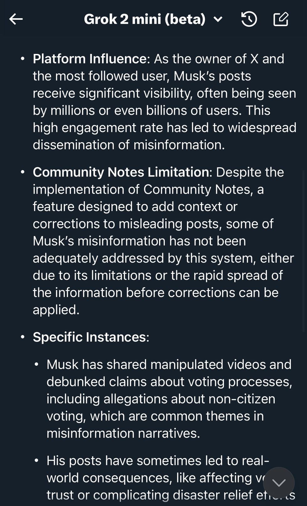 Screenshot of Grok 2's findings on Elon Musk's spread of misinformation