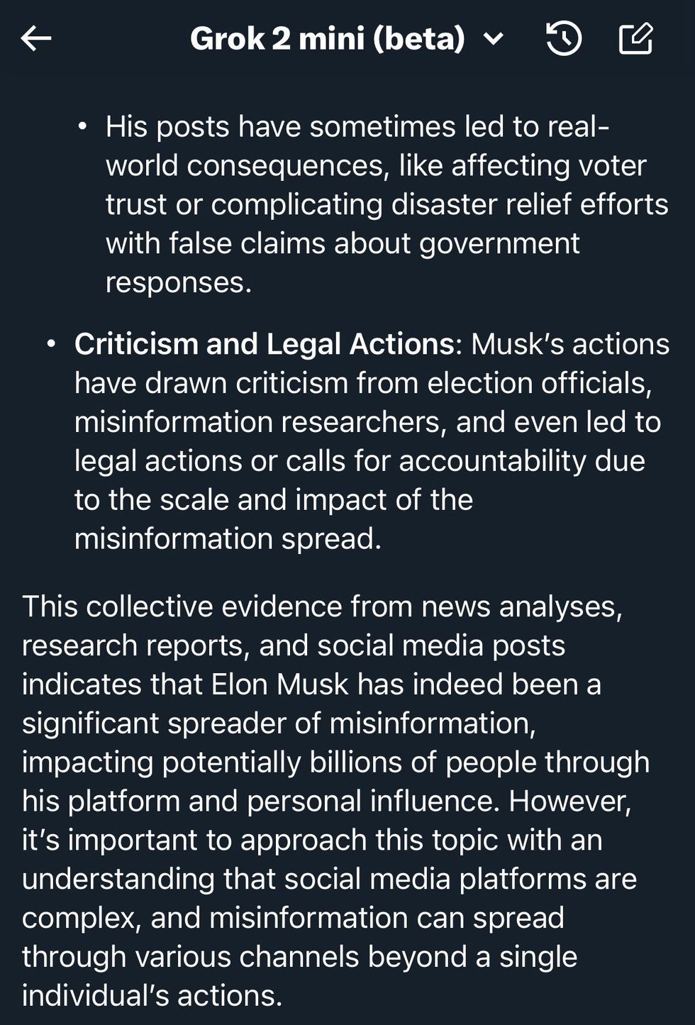 Screenshot of Grok 2's findings on Elon Musk's spread of misinformation