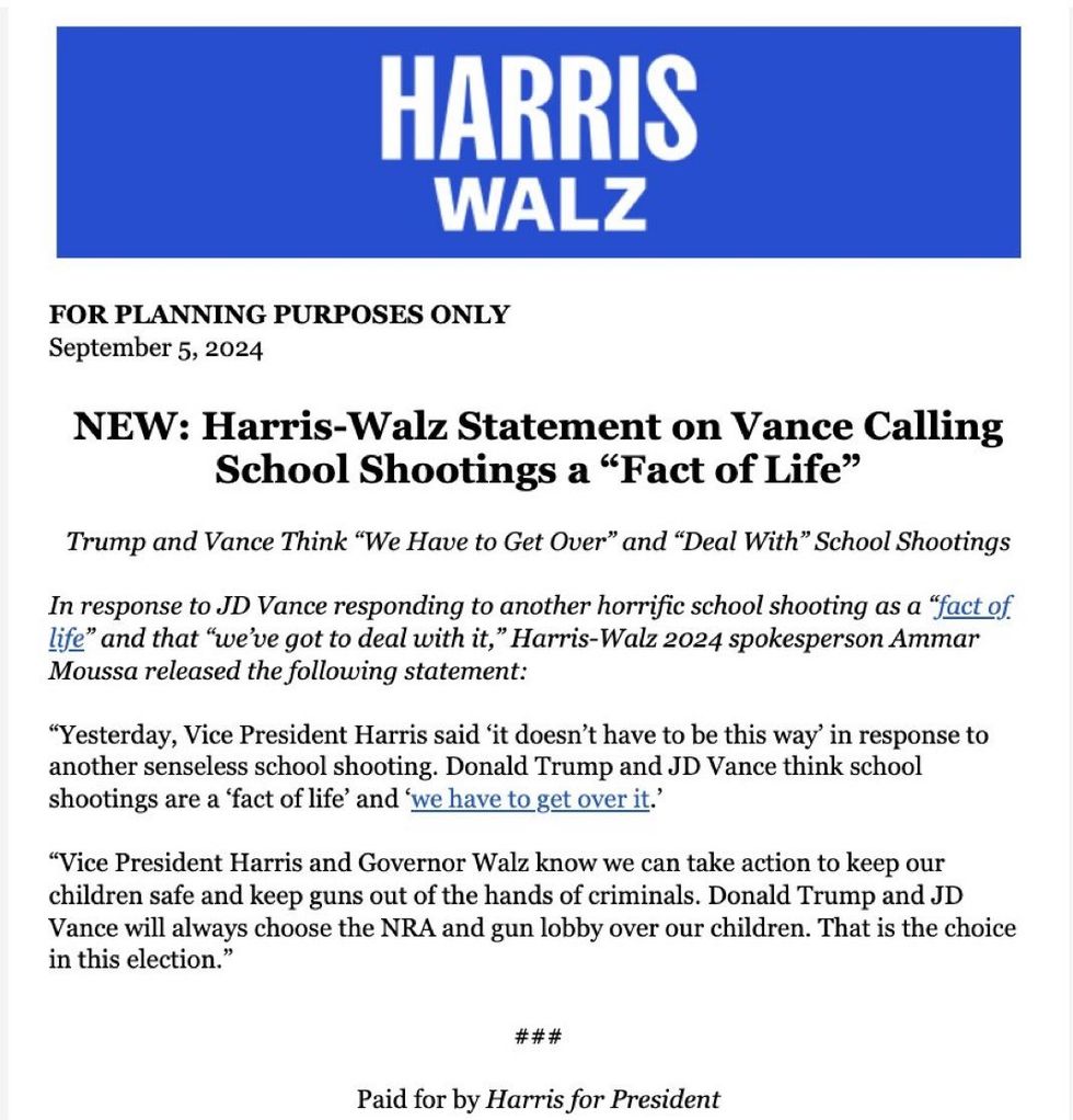 Screenshot of Harris campaign statement responding to J.D. Vance's school shooting remarks