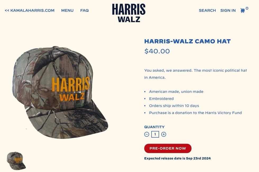 Screenshot of Harris-Walz camo hat on the official Harris-Walz campaign's website