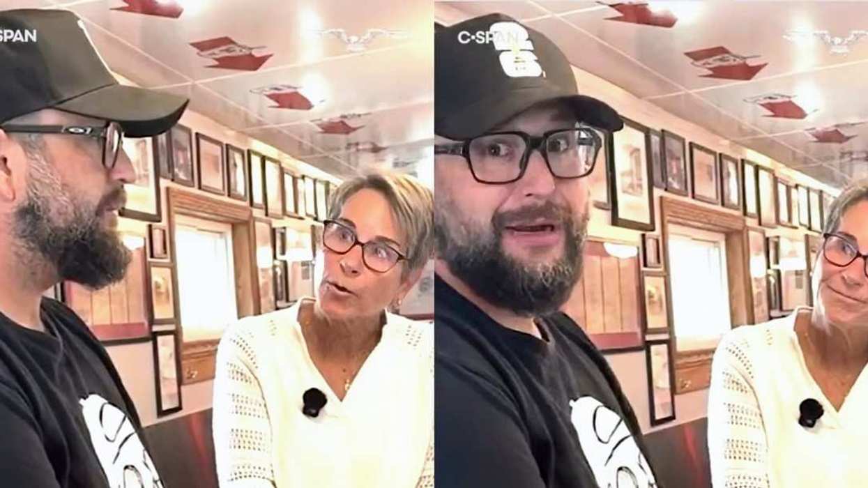 screenshot of Hollie Noveletsky speaking to voter in diner