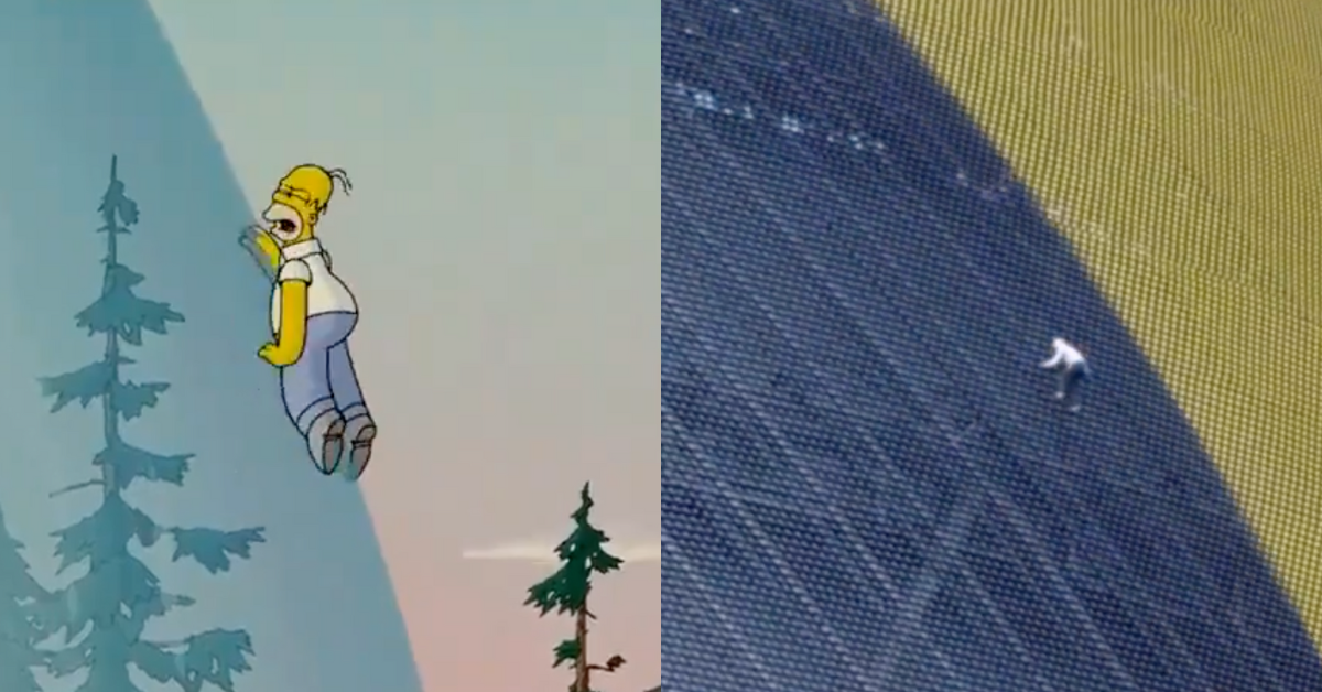 Screenshot of Homer from "The Simpsons" climbing the Las Vegas sphere; Screenshot of man climbing the Las Vegas sphere