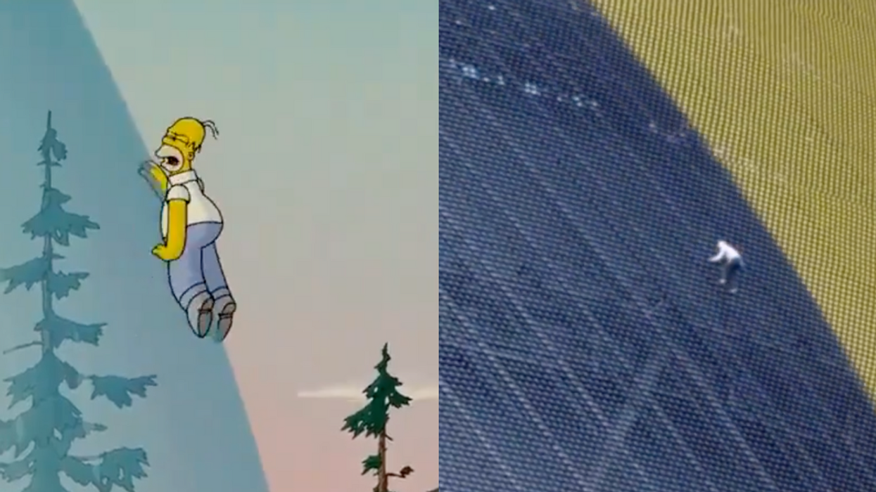 Screenshot of Homer from "The Simpsons" climbing the Las Vegas sphere; Screenshot of man climbing the Las Vegas sphere