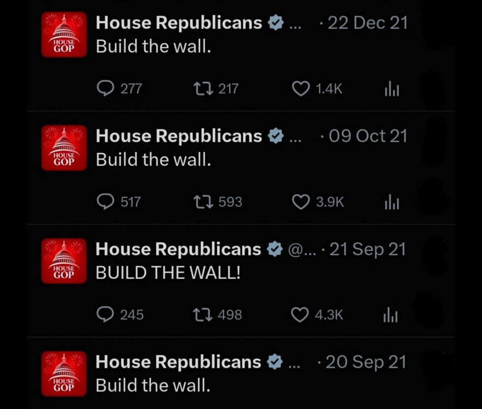 Screenshot of House Republicans older posts saying "Build the wall."