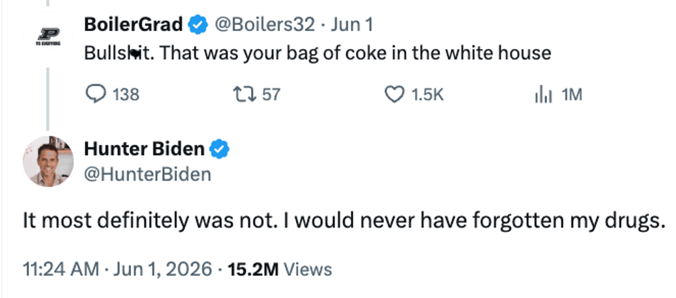 Screenshot of Hunter Biden's response to @Boilers32