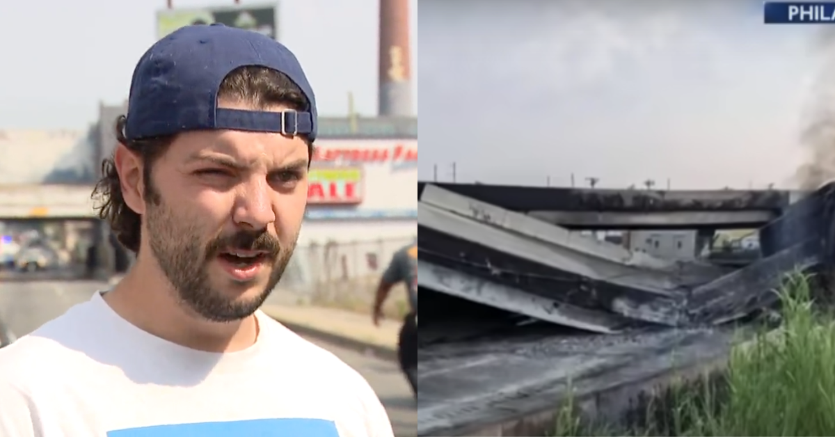 Screenshot of interviewee; collapsed I-95 bridge