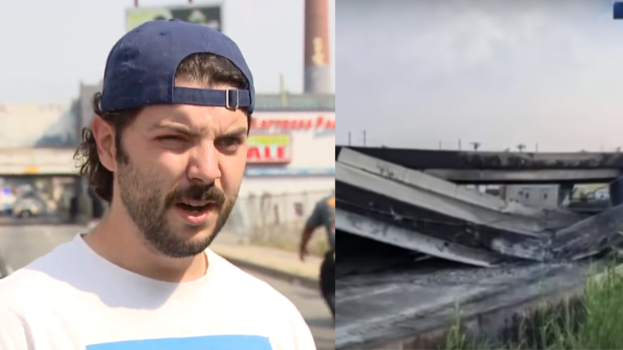 Screenshot of interviewee; collapsed I-95 bridge