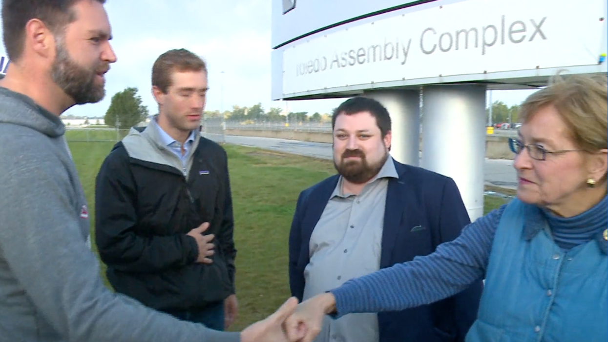 Screenshot of J.D. Vance attempting to shake the hand of Marcy Kaptur