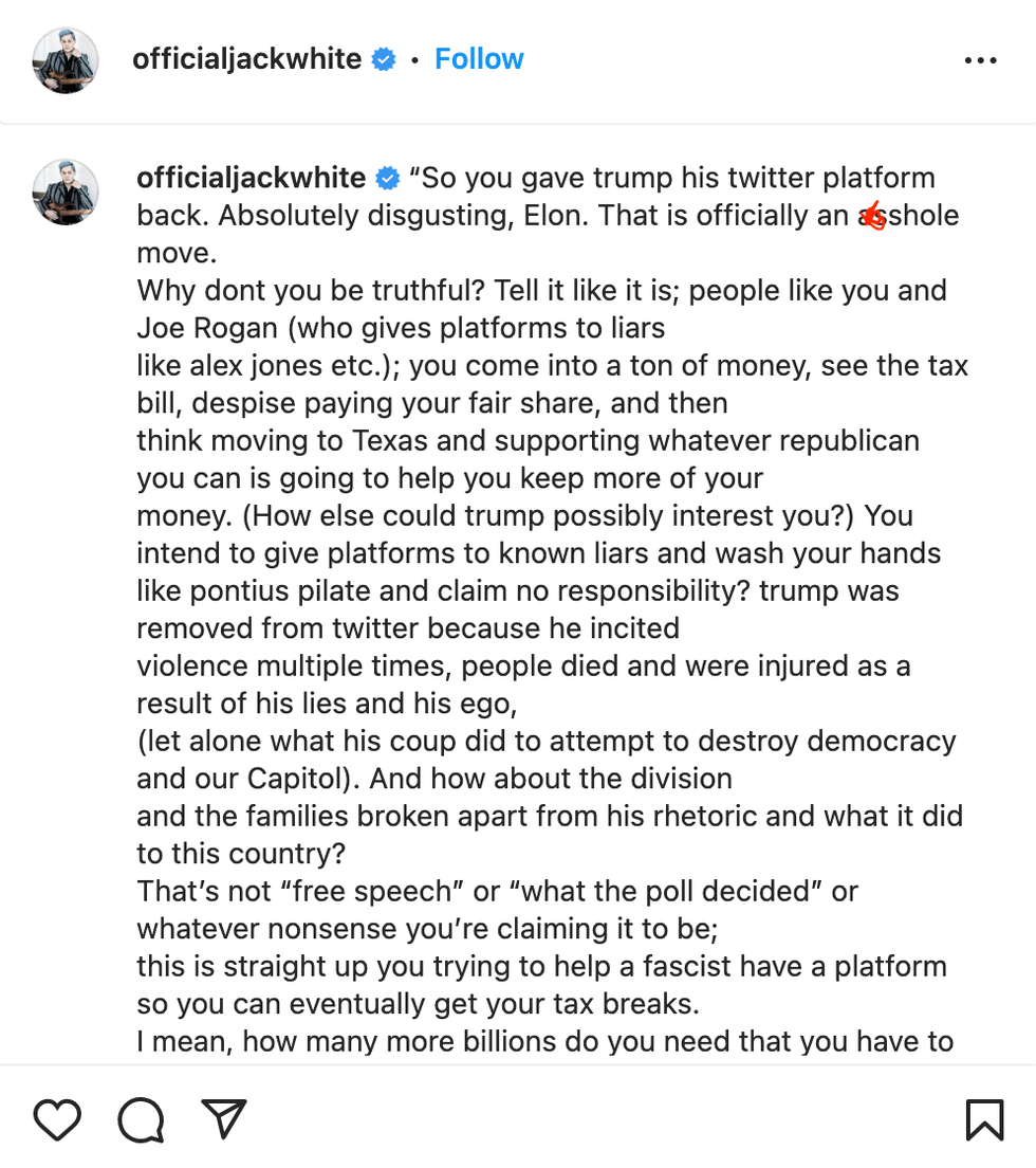 Screenshot of Jack White's post on Instagram