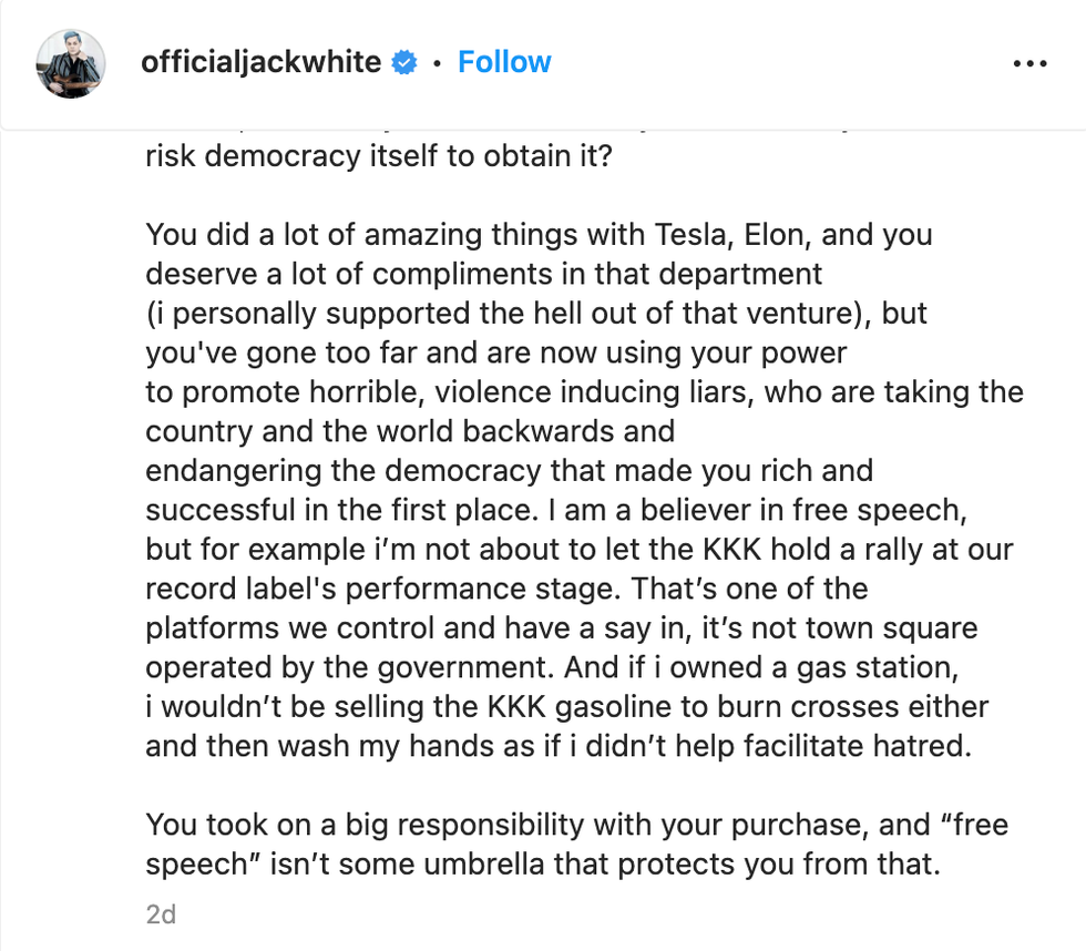 Screenshot of Jack White's post on Instagram