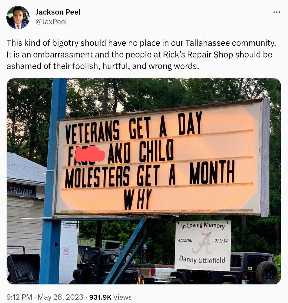 screenshot of Jackson Peel tweet of Tallahassee, Florida homophobic sign