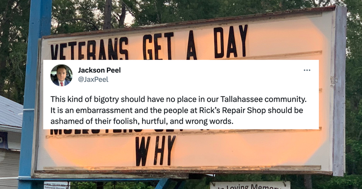 screenshot of Jackson Peel tweet of Tallahassee, Florida homophobic sign