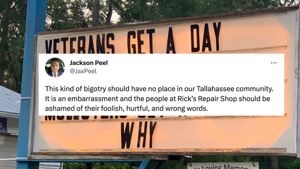 screenshot of Jackson Peel tweet of Tallahassee, Florida homophobic sign