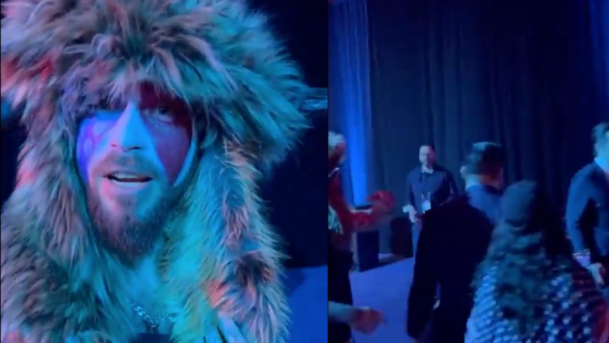 Screenshot of Jacob Chansley; Screenshot of Matt Gaetz snubbing Chansley