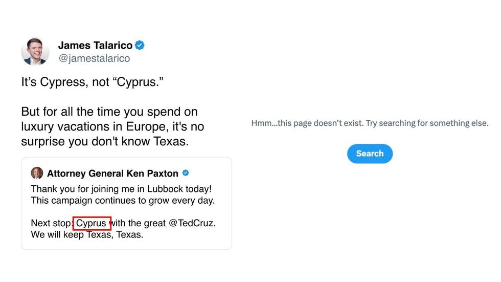 Screenshot of James Talarico's response to Ken Paxton, later shown to be deleted