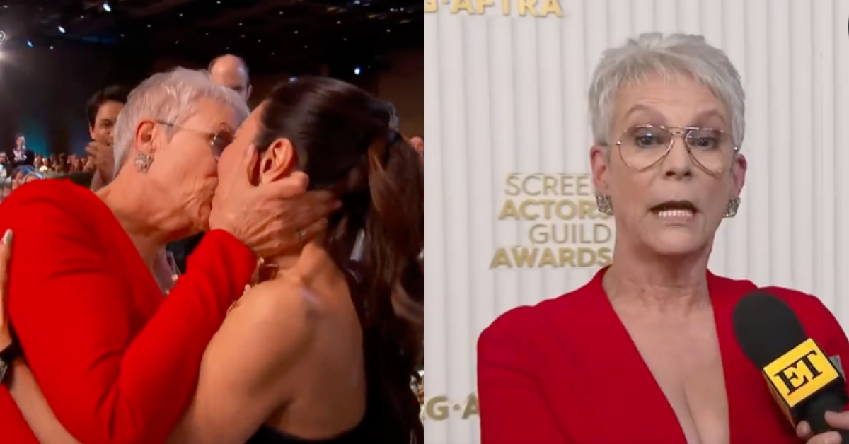Screenshot of Jamie Lee Curtis kissing Michelle Yeoh; screenshot of Jamie Lee Curtis during interview