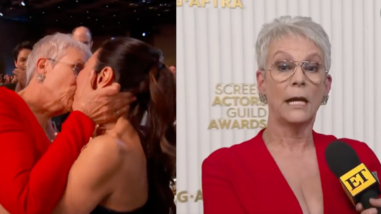 Screenshot of Jamie Lee Curtis kissing Michelle Yeoh; screenshot of Jamie Lee Curtis during interview