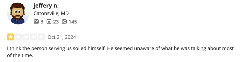 Screenshot of jeffrey n.'s Yelp review