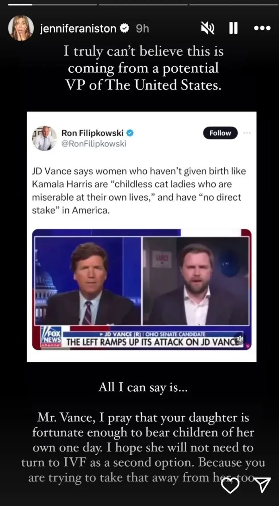 Screenshot of Jennifer Aniston's Instagram Story about J.D. Vance