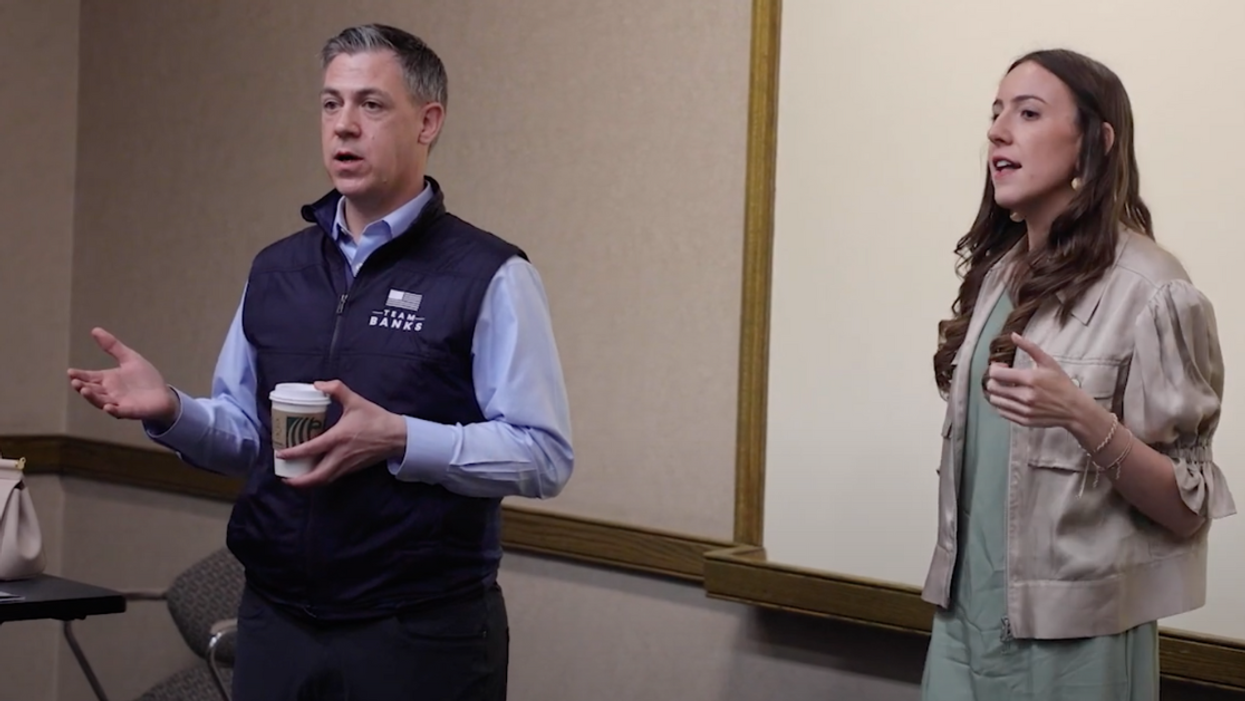 Screenshot of Jim Banks and Chaya Raichik at Indiana University event