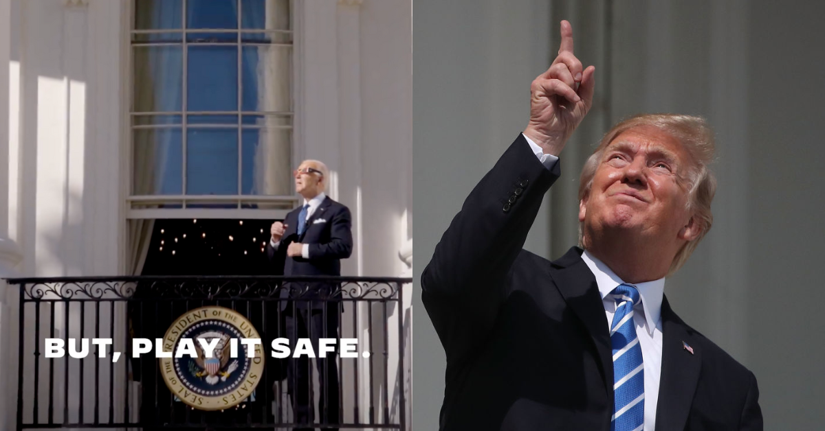 Screenshot of Joe Biden from eclipse video; Donald Trump looking at the 2017 solar eclipse