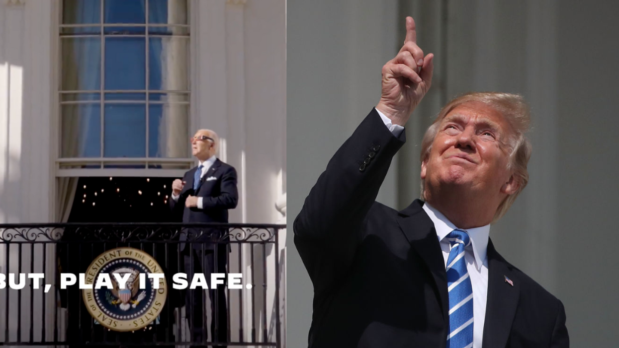 Screenshot of Joe Biden from eclipse video; Donald Trump looking at the 2017 solar eclipse