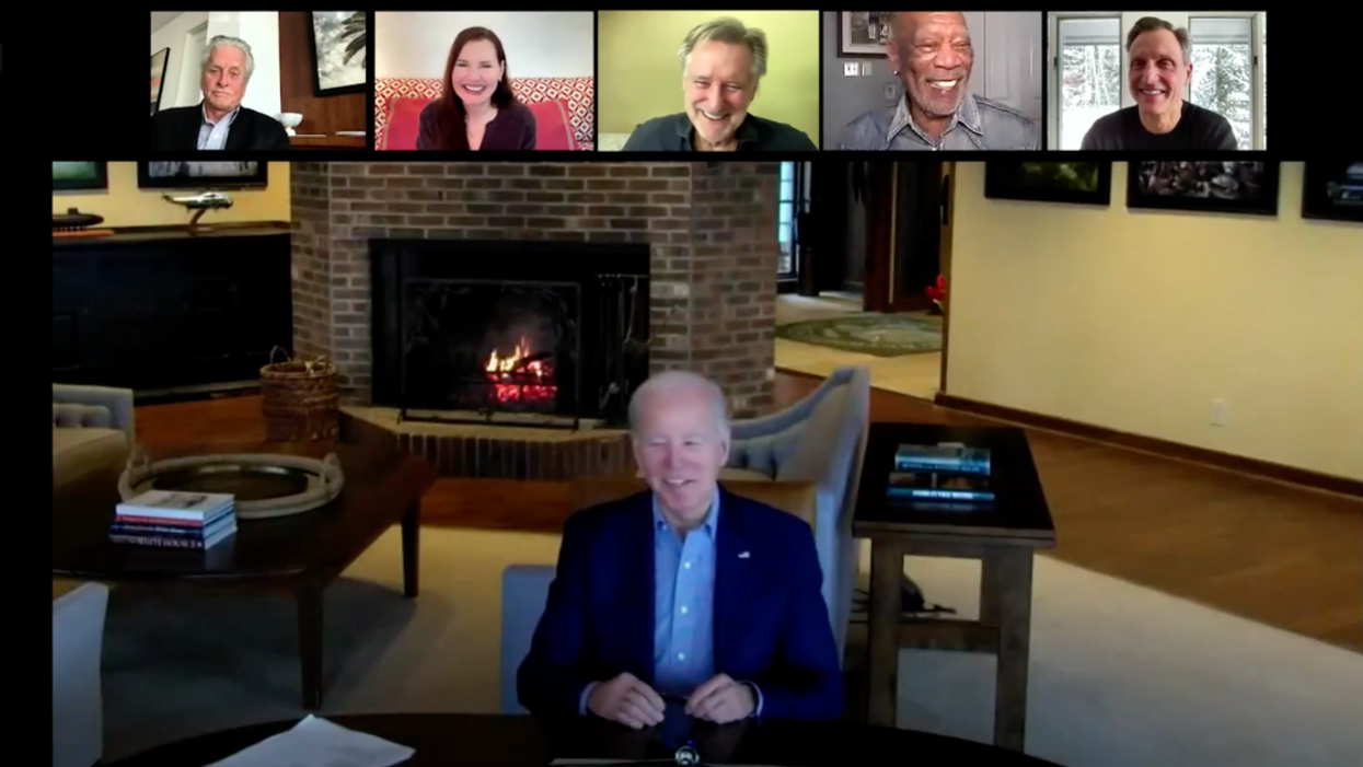 Screenshot of Joe Biden with  actors who played famous fictional presidents