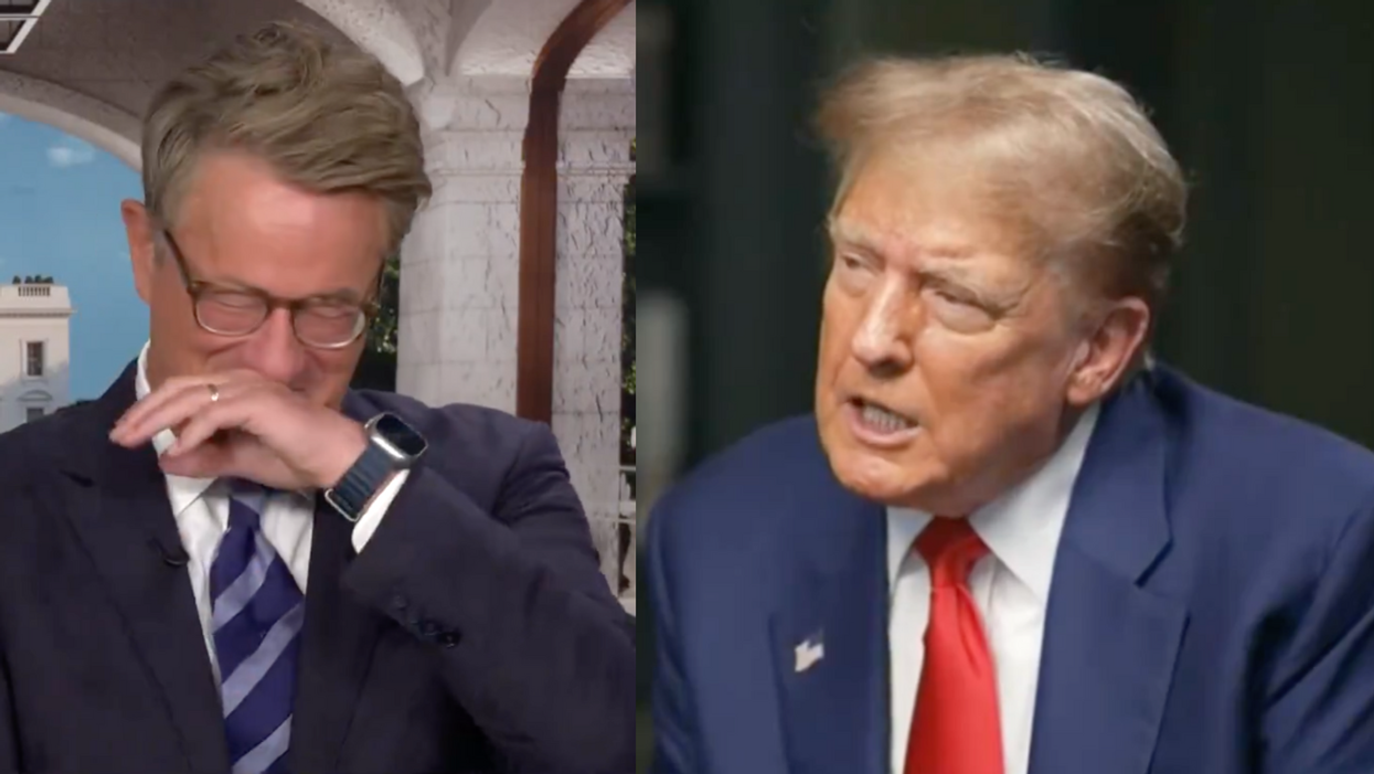 Screenshot of Joe Scarborough laughing; Screenshot of Donald Trump