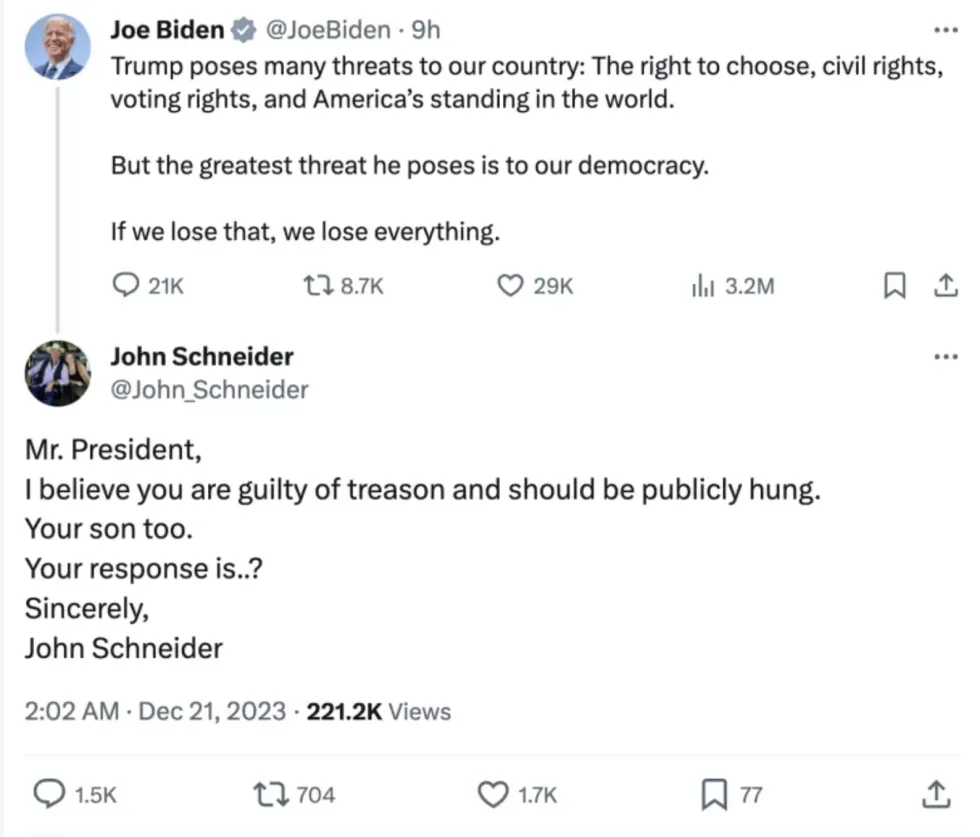 Screenshot of John Schneider's response to President Joe Biden's post