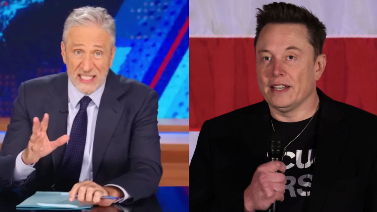 Screenshot of Jon Stewart; Elon Musk