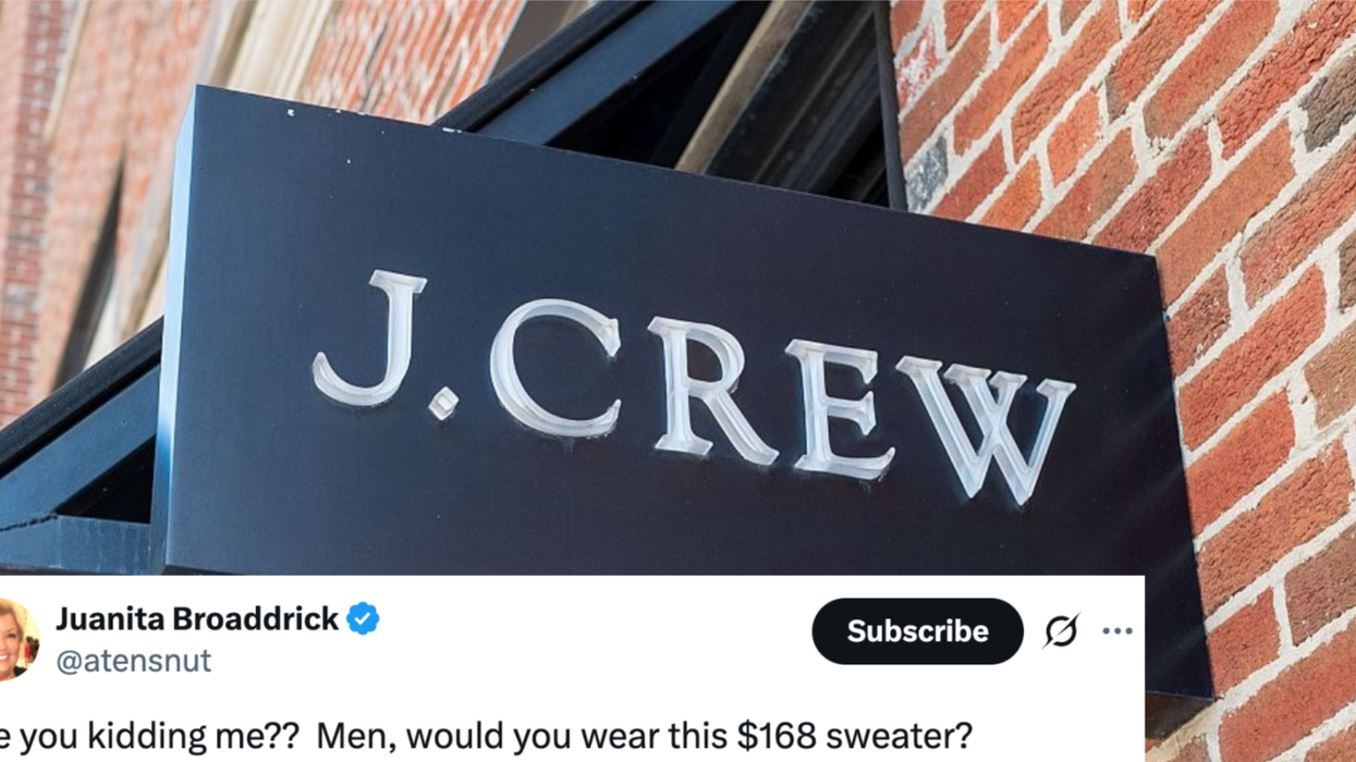 Screenshot of Juanita Broaddrick's tweet overlayed against a picture of the J. Crew sign